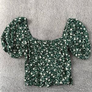 Abercrombie & Fitch Floral Puff Sleeve Blouse - Green and White